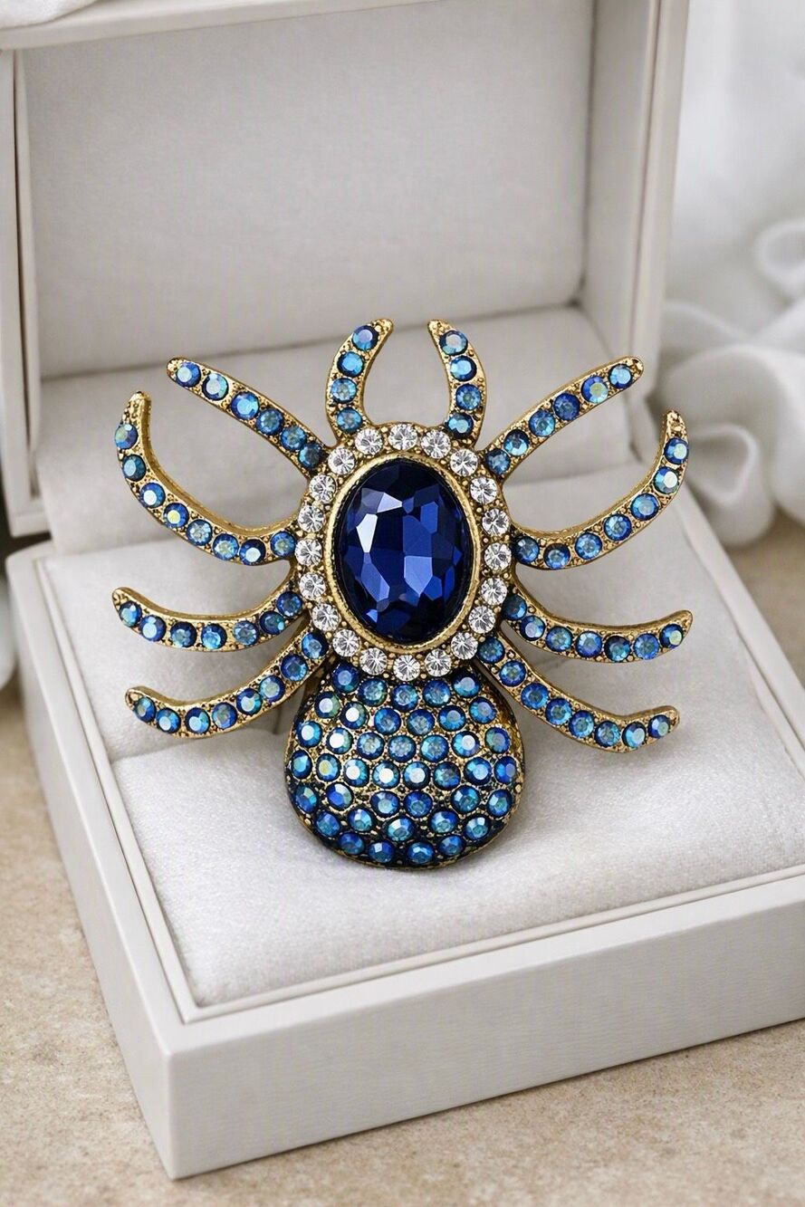 Spider Brooch Gold Tone Blue Faceted Gemstone Rhinestone Accent Statement Pin